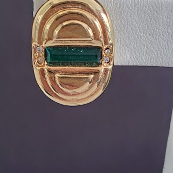 Swarovski Gold Plated Clip On Earrings with Green and Clear Crystals Signed - Picture 5 of 5